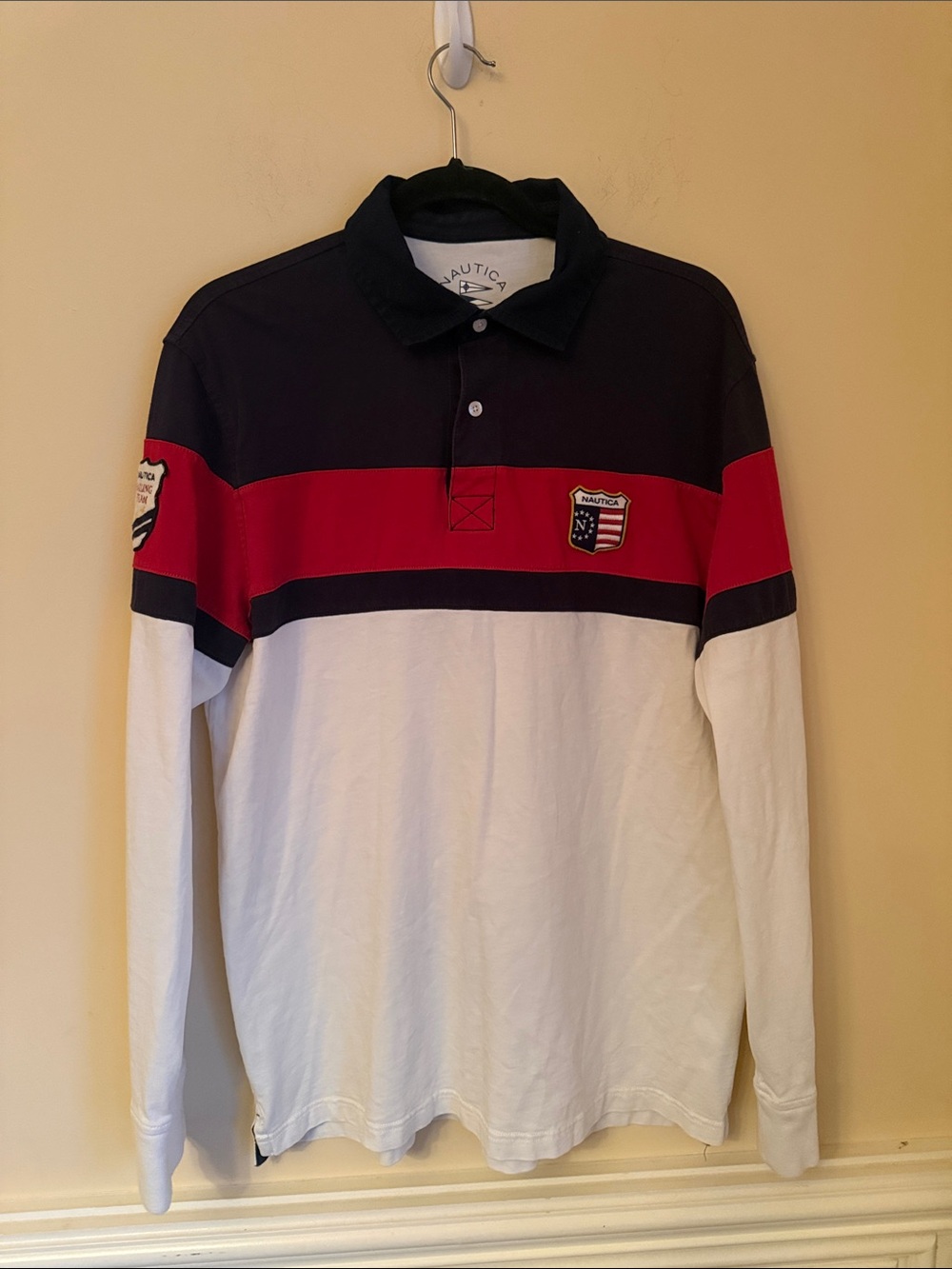 Nautica Men’s Long Sleeve Rugby Polo Navy, Red, White Size Large